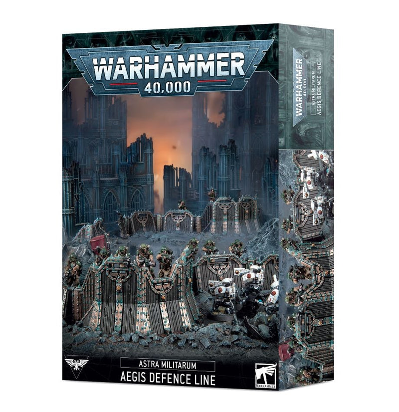 Box art for Warhammer 40k: Astra Militarum Aegis Defence Line shows detailed miniatures behind barriers in a ruined city.