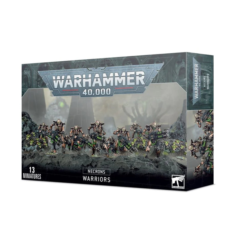 Box of Warhammer 40k: Necron Warriors miniatures, containing 13 assembled and painted robotic figures—armed with gauss flayers—in a sci-fi setting, including Scarab Swarms.