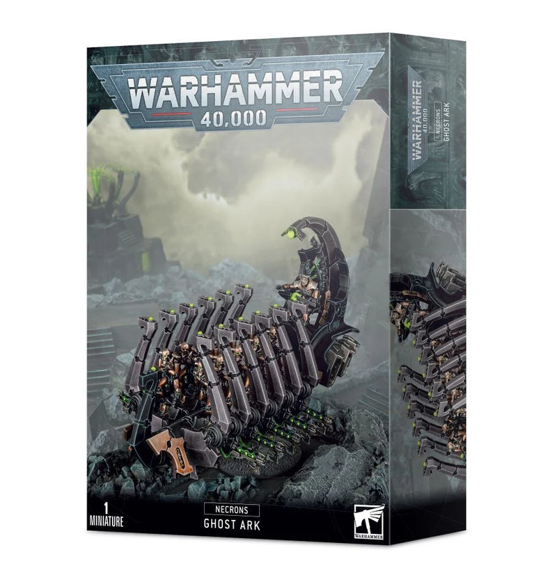 Box for Warhammer 40k: Necron Ghost Ark / Doomsday Ark, showing sci-fi skeletal vehicle with Necrons in an alien landscape.