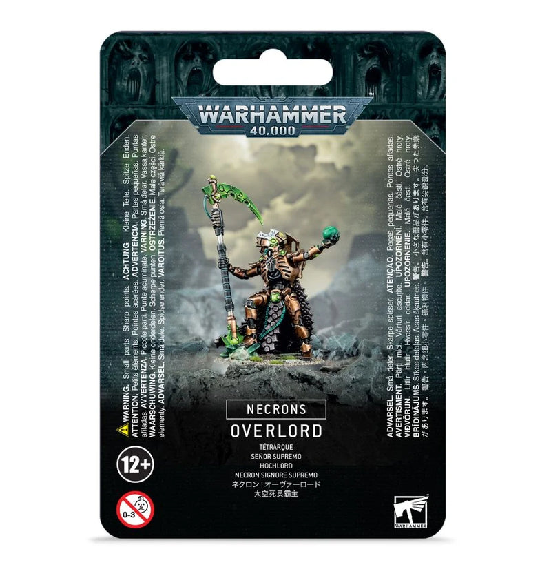 Packaging for Warhammer 40k: Necron Overlord, showing the miniature with warscythe and resurrection orb. Product info and age warning (12+) are displayed on the back.