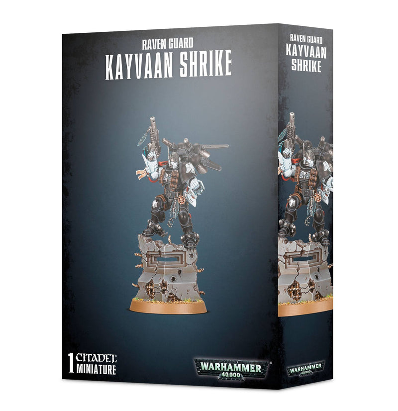 Box packaging for Warhammer 40k: Raven Guard - Kayvaan Shrike features a painted model, Games Workshop branding, and details.