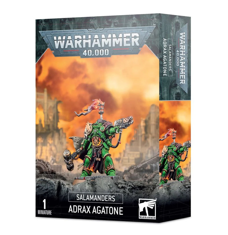 Warhammer 40k: Salamanders - Adrax Agatone plastic miniature of Captain Adrax Agatone in green armor with hammer and flamer on 40mm base amid fiery landscape.