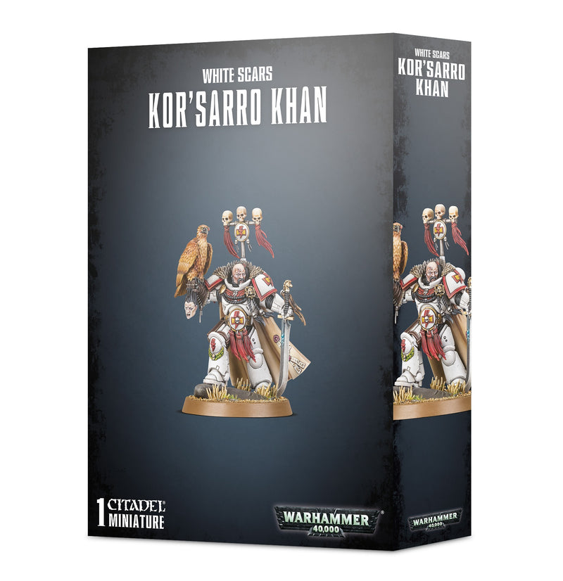Box for Warhammer 40k: Kor'Sarro Khan by Citadel, featuring the assembled, painted miniature on a Citadel round base. The set includes 21 detailed plastic pieces.