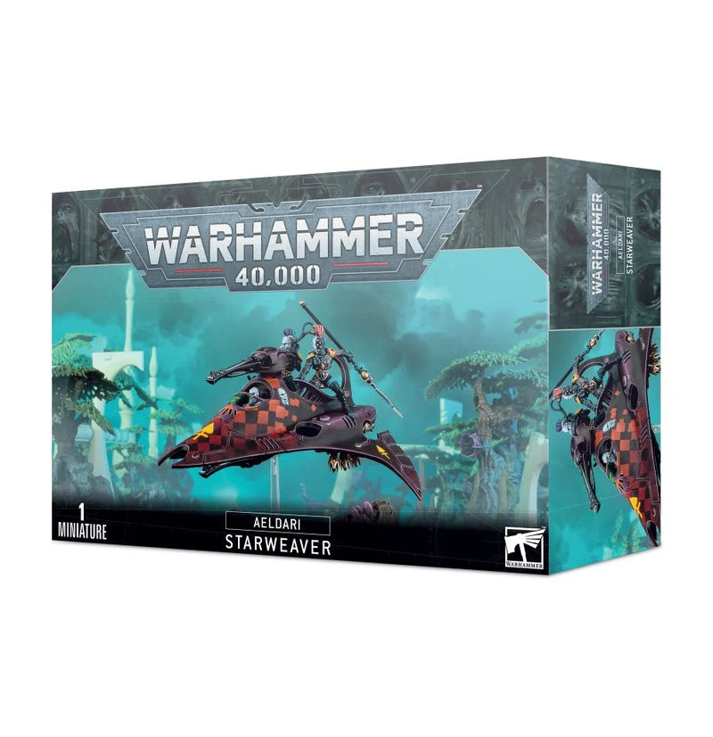 Box of Warhammer 40k: Aeldari Starweaver miniature. Futuristic flying craft with riders over blue. Includes transfer sheet.