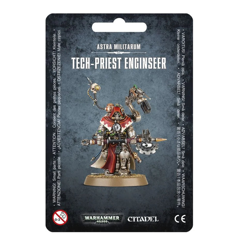 Packaging for the Warhammer 40k: Adeptus Mechanicus Tech-Priest Enginseer kit shows a painted figure on a gray background.
