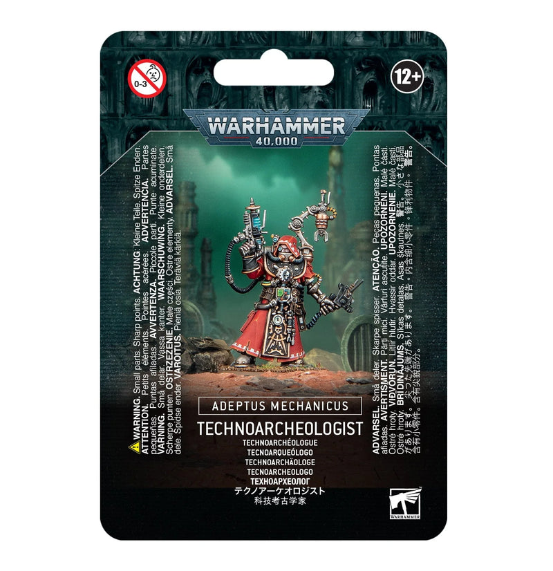 The Warhammer 40k: Adeptus Mechanicus - Technoarcheologist plastic push-fit miniature is unpainted in packaging on a Citadel 32mm Round Base with a mechanical gothic background. Suitable for ages 12 and up.