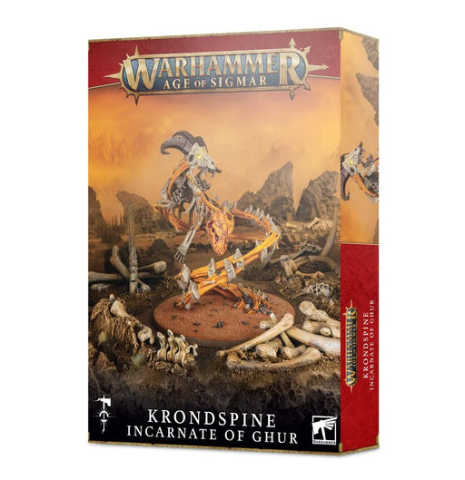 Age of Sigmar: Krondspine Incarnate of Ghur comes in a box showcasing a skeletal, dragon-like creature posed on a rocky base with a fiery sky backdrop. The packaging displays official product branding. Ideal for miniature assembly, this model is intended for use with Citadel Plastic Glue and Citadel Colour paints.