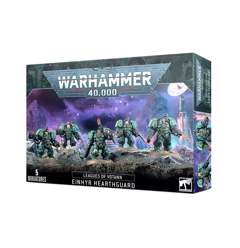 Warhammer 40k: Leagues of Votann: Einhyr Hearthguard box set with five plastic sci-fi miniatures in green armor, shown wielding weapons on cosmic-themed box art.