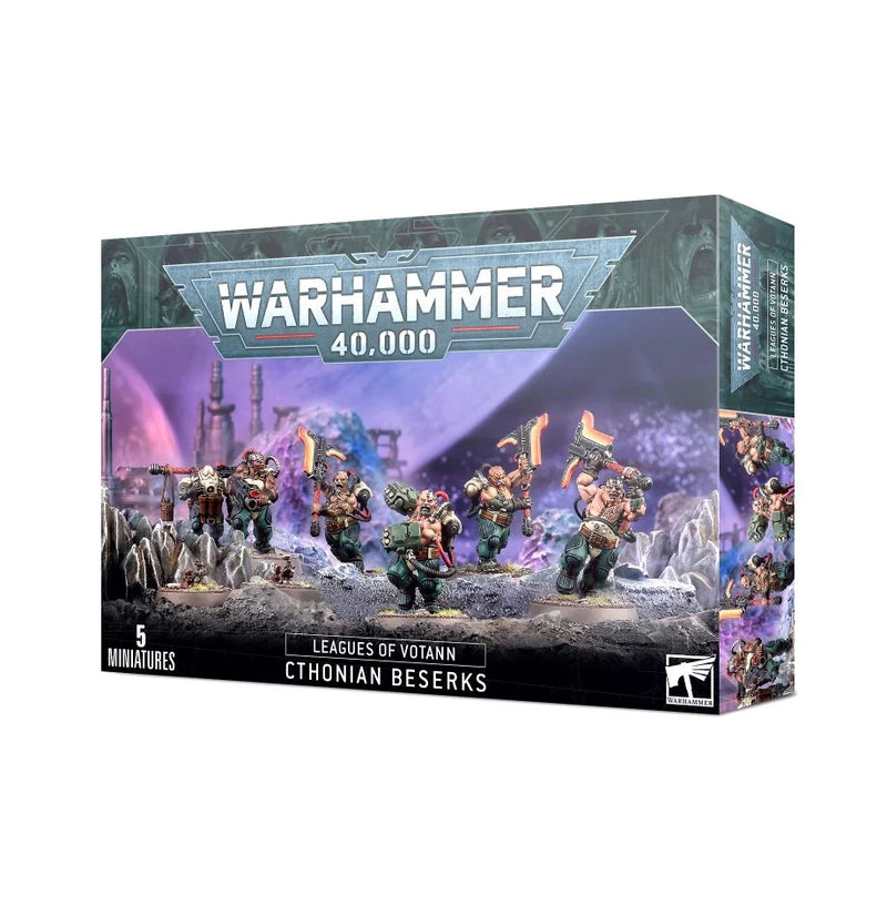 The Warhammer 40k: Leagues of Votann: Cthonian Beserks box features five dwarf-like miniatures with weapons, showcased against a sci-fi backdrop on the packaging.