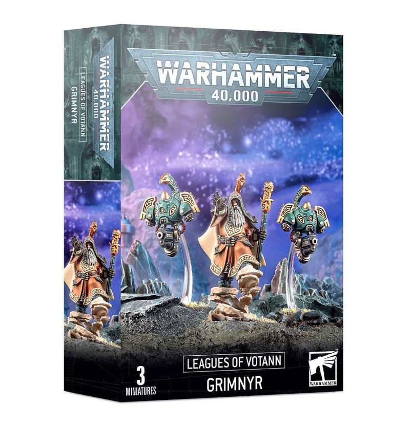Box of Warhammer 40k: Leagues of Votann: Grimnyr miniatures. The packaging showcases a painted Grimnyr model—a robed figure flanked by two floating robotic companions—set against a purple sci-fi backdrop, and includes plastic components and a Citadel round base.