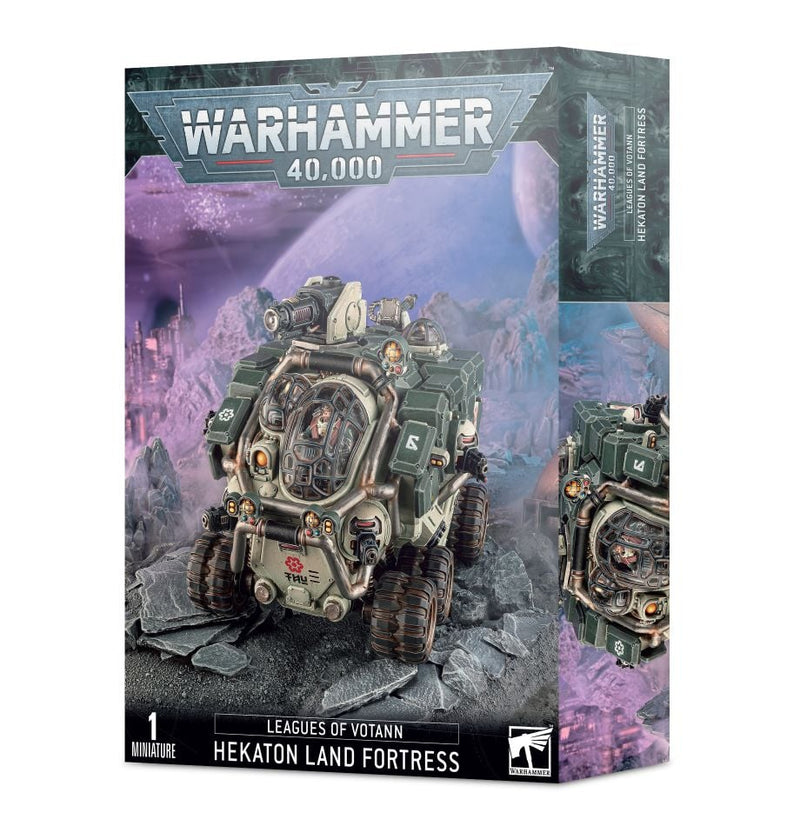 The Warhammer 40k: Leagues of Votann: Hekaton Land Fortress box has a detailed miniature, Transfer Sheet, and sci-fi terrain.