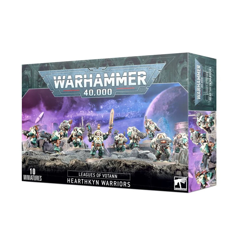 Warhammer 40k: Leagues of Votann: Hearthkyn Warriors includes 10 armored miniatures with weapons and round bases, cosmic theme.
