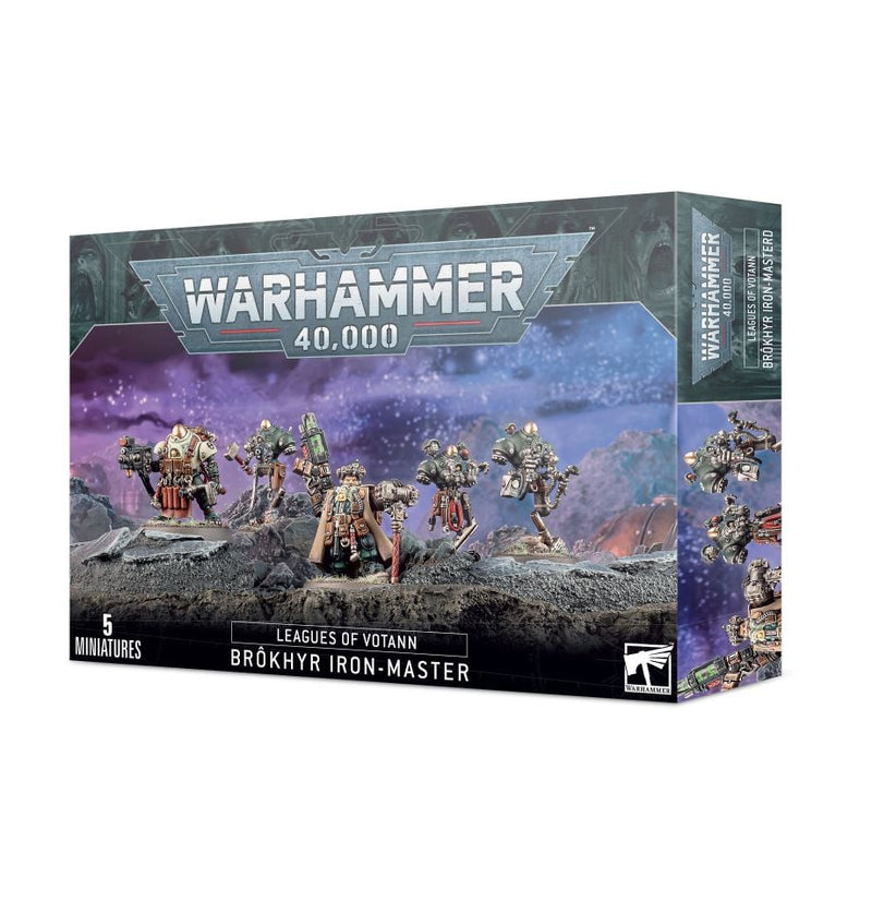 The Warhammer 40k: Leagues of Votann: Brokhyr Iron-Masters box includes 5 assembled, painted miniatures and the WH40K logo.