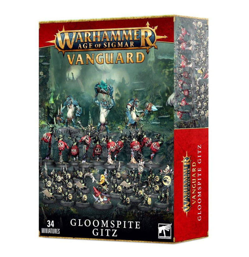 Warhammer Age of Sigmar: Spearhead – Gloomspite Gitz (Legacy Kit) box featuring 34 painted goblin and monster miniatures, including formidable Rockgut Troggoths and Squig Hoppers, displayed on the front, with branding and product name in bold letters.