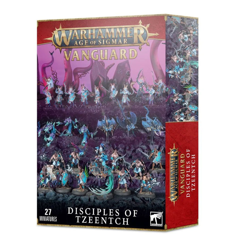 Box of Warhammer Age of Sigmar Spearhead: Disciples of Tzeentch (Legacy Kit) with 27 painted miniatures and fantasy artwork.