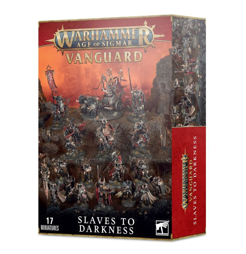 The Warhammer Age of Sigmar: Vanguard: Slaves to Darkness box shows painted Chaos Warriors on a vivid red-orange background, with "17 Miniatures" displayed in the lower left corner.