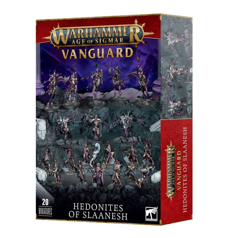 The Warhammer Age of Sigmar: Spearhead – Hedonites of Slaanesh box features images of painted miniatures on the front and side, with text highlighting 20 miniatures inside, including Blissbarb Archers and Slaangor Fiendbloods from the Hedonites of Slaanesh.