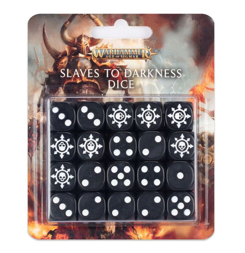 The Warhammer Age of Sigmar: Slaves to Darkness Dice pack has 20 black dice with white pips, Chaos star, fantasy art packaging.