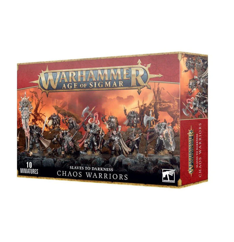Warhammer Age of Sigmar: Slaves to Darkness - Chaos Warriors box with 10 unassembled miniatures on 32mm bases in dark armor.