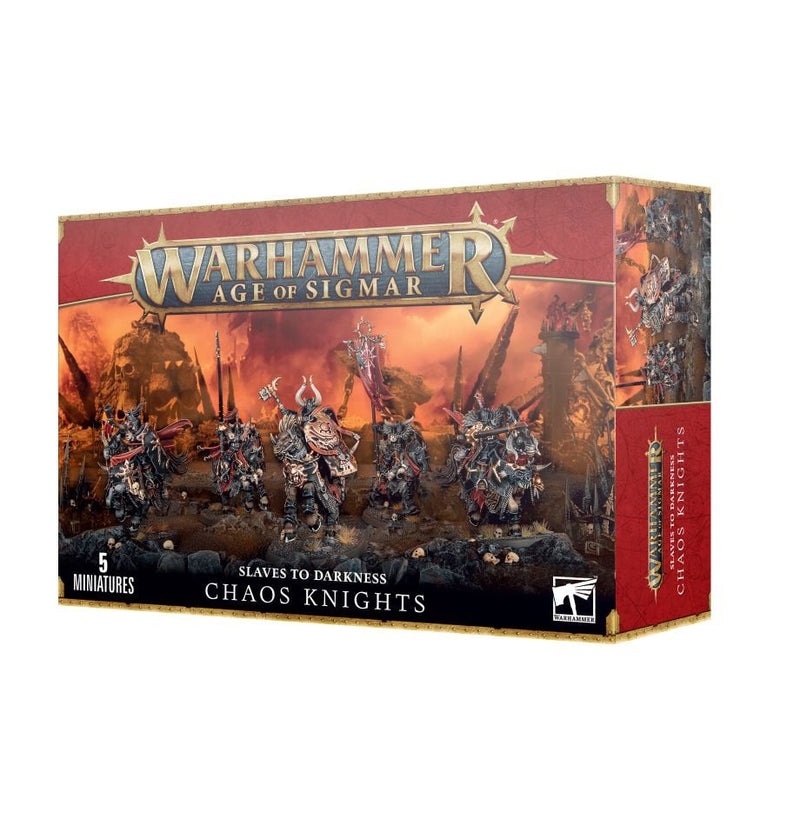 Warhammer Age of Sigmar: Slaves to Darkness Chaos Knights includes plastic miniatures and Citadel bases, showing Chaos Knights on horseback.