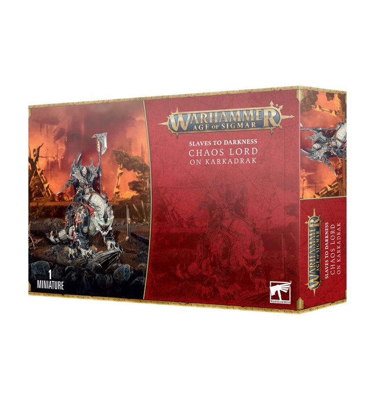 Warhammer Age of Sigmar: Slaves to Darkness Chaos Lord on Karkadrak includes an unpainted miniature and shows a warrior riding a dragon-like creature.