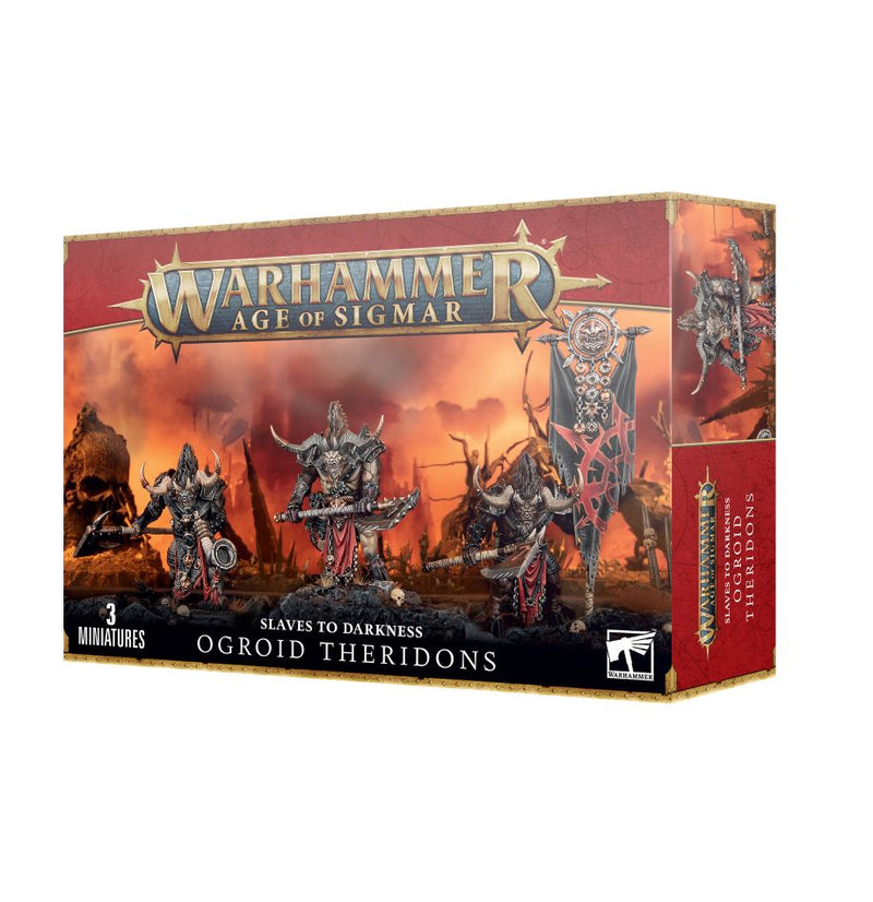 Warhammer Age of Sigmar: Slaves to Darkness Ogroid Theridons box set with three unpainted miniatures on 50mm bases, fiery background.