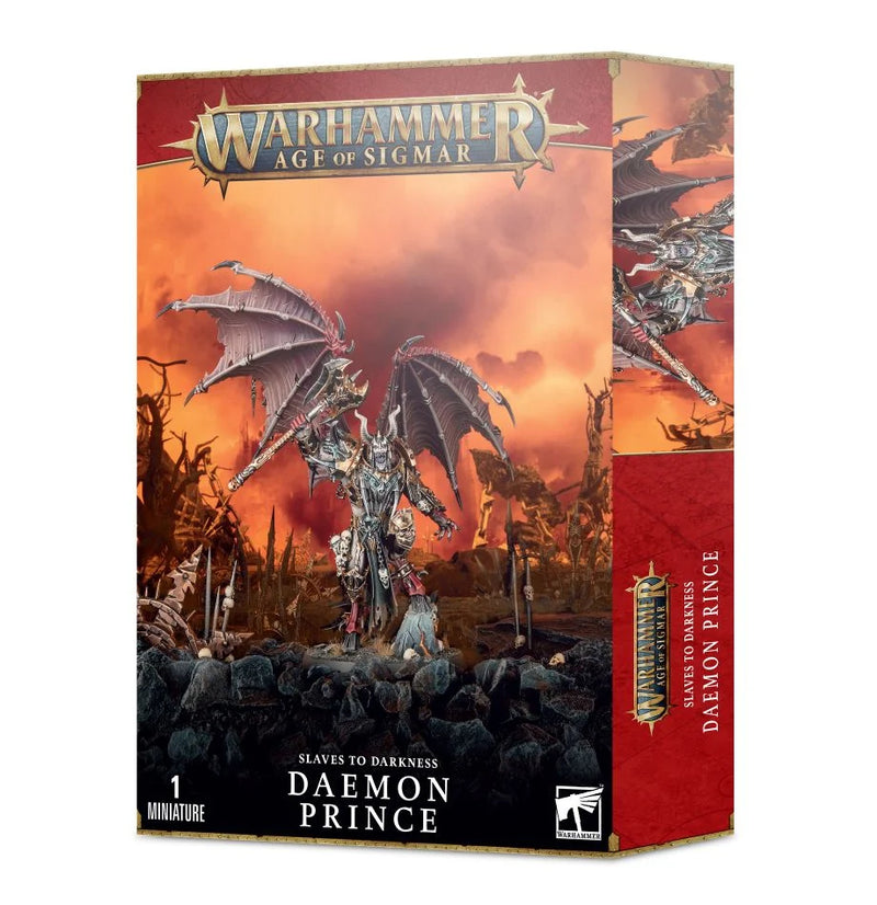 The Warhammer Age of Sigmar: Slaves to Darkness Daemon Prince box set features a detailed winged, armored daemon miniature by Games Workshop on a Citadel base, in red and gold packaging with product titles and logos.