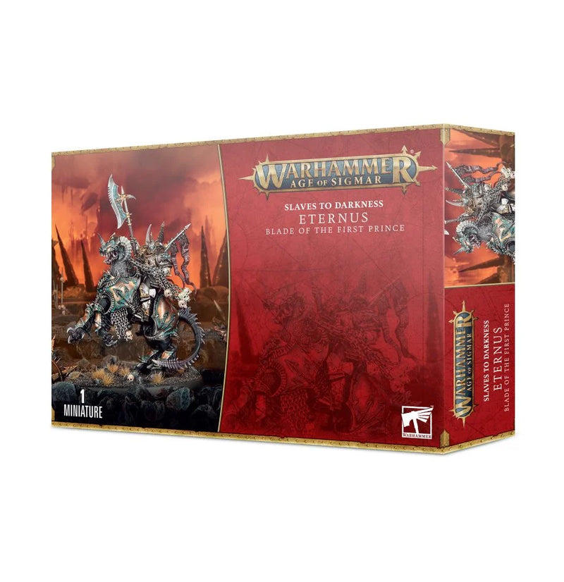 The Warhammer Age of Sigmar: Slaves to Darkness Eternus Blade of the First Prince box shows a Chaos Lord on Daemonic Mount amid flames, with branding and logos.