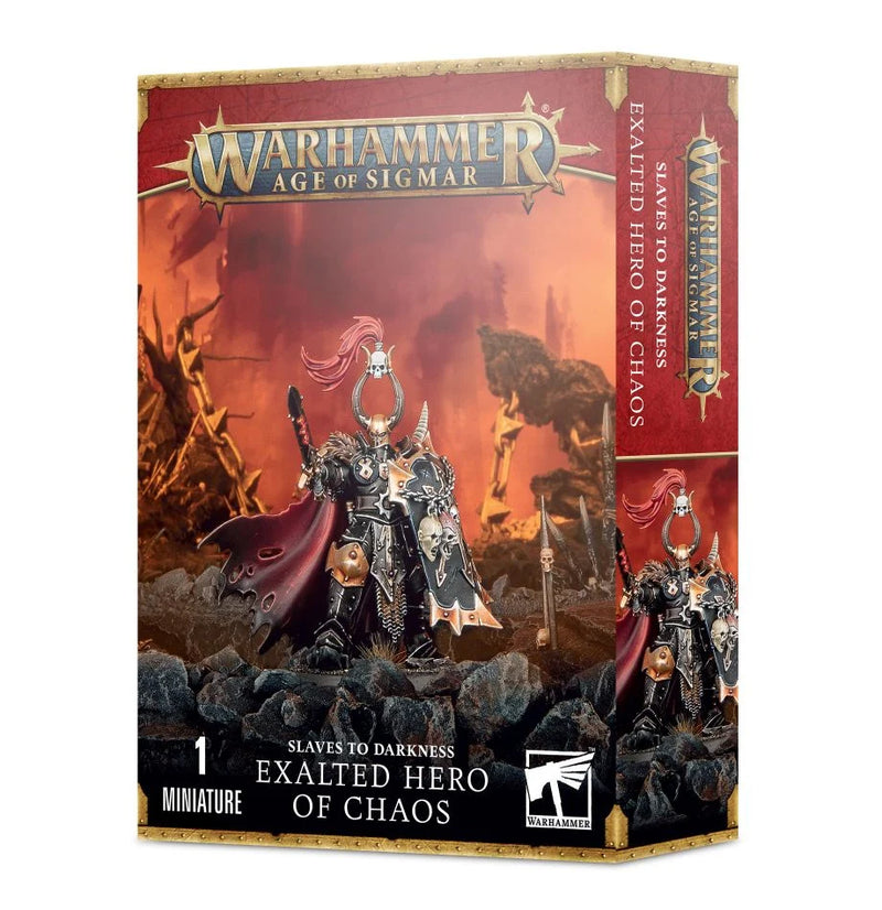 Warhammer Age of Sigmar: Slaves to Darkness Exalted Hero of Chaos boxed miniature—features fantasy armor, fiery background art, and includes compatible six-sided dice.