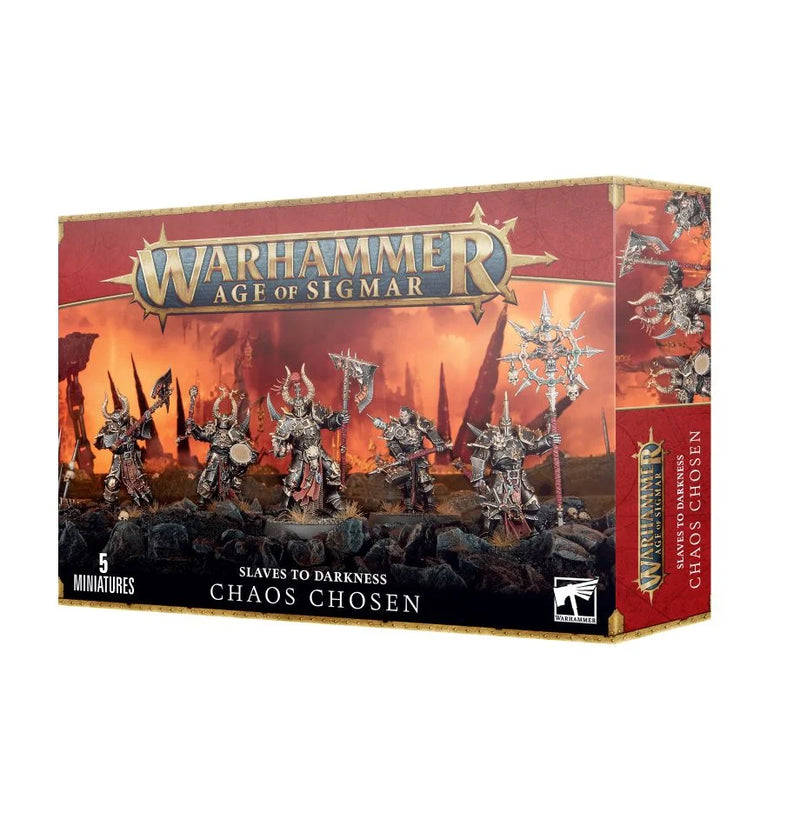 Box of Warhammer Age of Sigmar: Slaves to Darkness Chaos Chosen miniatures with five armored warriors and Citadel bases.