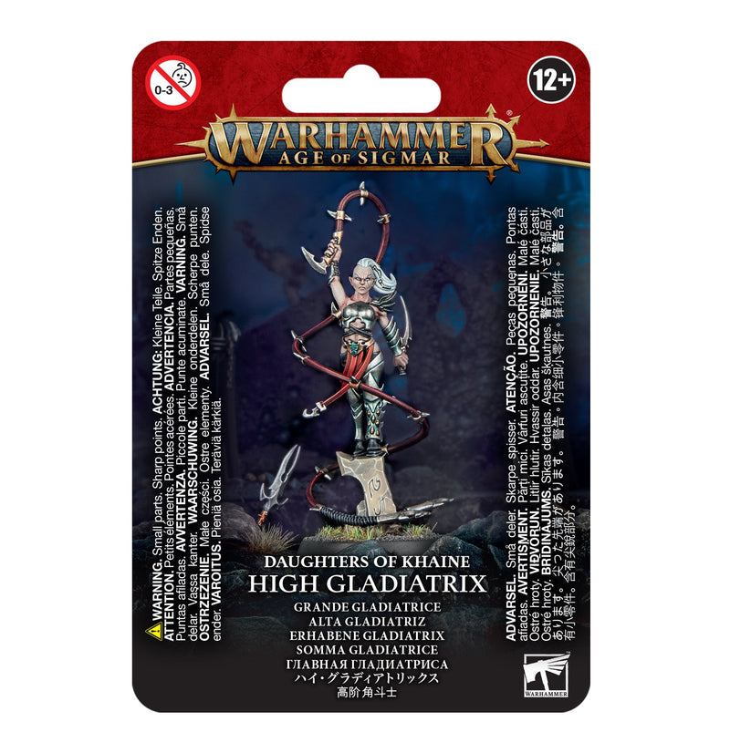The Warhammer Age of Sigmar: Daughters of Khaine – High Gladiatrix miniature shows a painted warrior with whip and sword on a scenic base.
