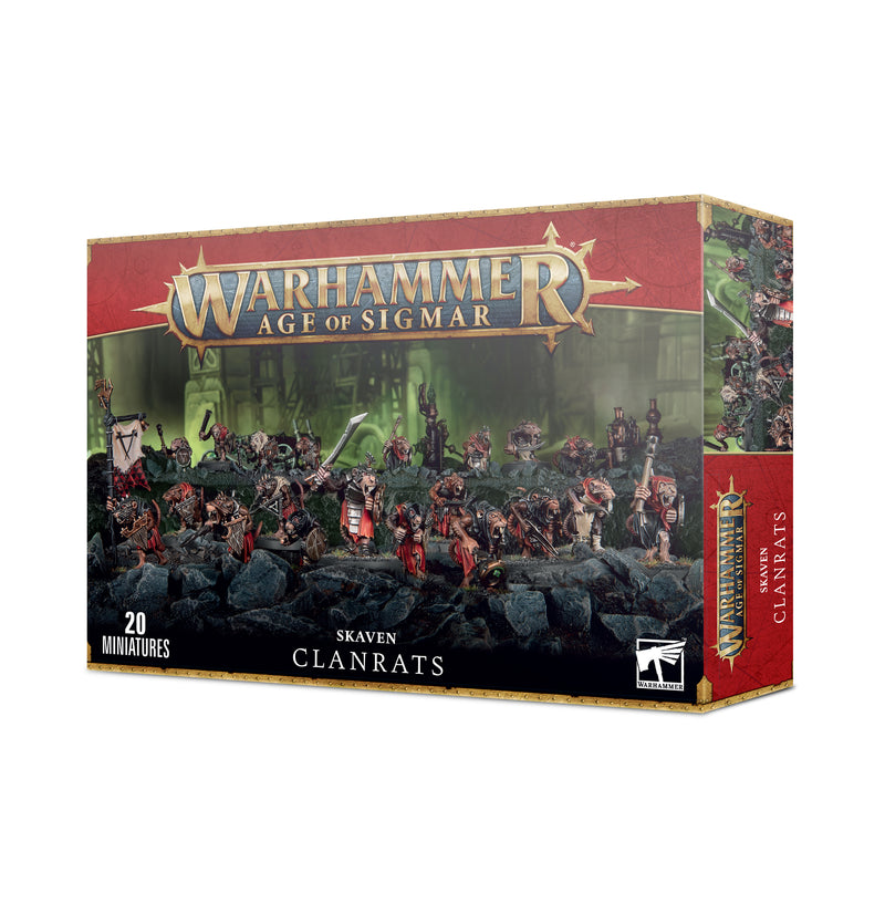 Warhammer Age of Sigmar: Skaven – Clanrats box from Games Workshop, featuring 20 plastic miniatures depicted in a dynamic battle scene, presented in red, gold, and black packaging.