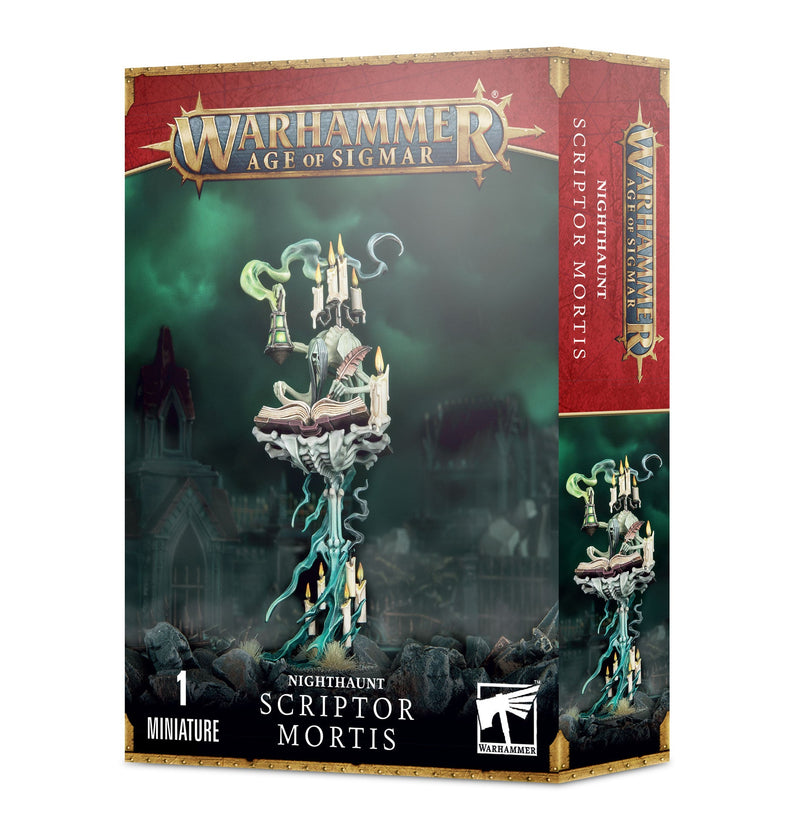 Warhammer Age of Sigmar Nighthaunt: Scriptor Mortis from Games Workshop features a ghostly miniature floating above ruins, holding a spectral book and quill. Ships to the United States, subject to distribution restrictions.