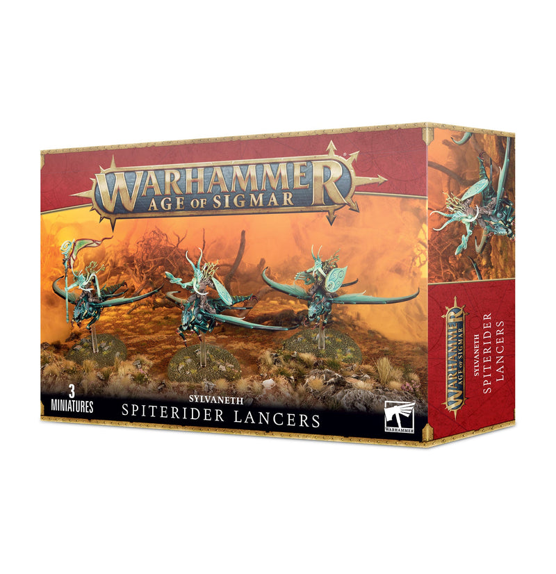 The Warhammer Age of Sigmar: Sylvaneth - Spiterider Lancers set includes three riders on insect mounts in an orange fantasy landscape.