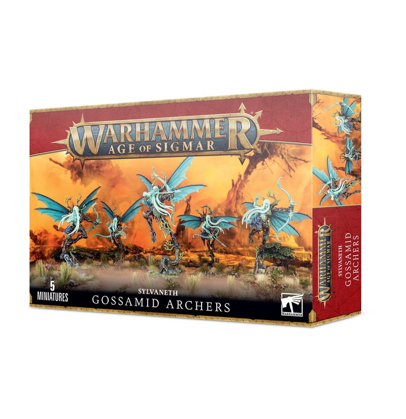 Warhammer Age of Sigmar Sylvaneth: Gossamid Archers box with five winged, bow-wielding miniatures in front of a vibrant orange and yellow fantasy backdrop.