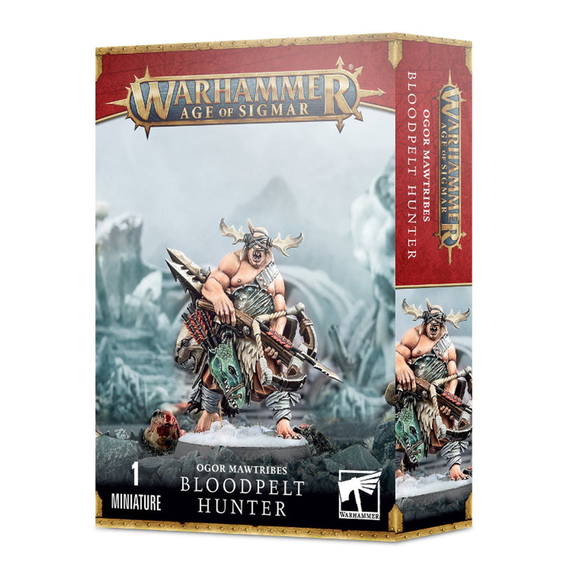 Box for Warhammer Age of Sigmar: Ogor Mawtribes - Bloodpelt Hunter plastic miniature kit, showing the painted model with weapons on rocky terrain and official branding on the packaging.