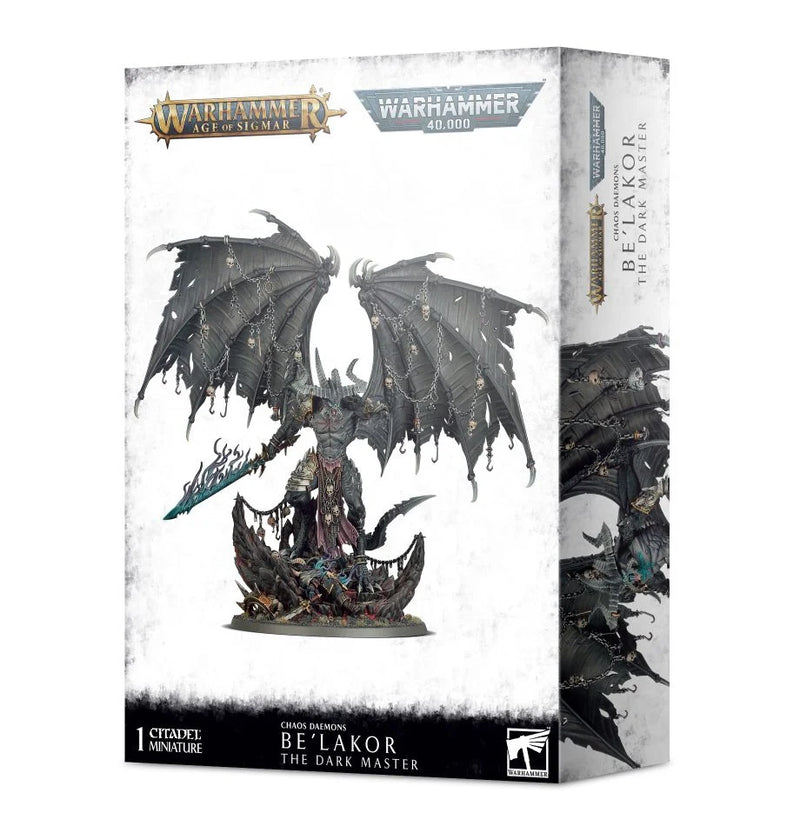 Box of Warhammer 40k/Age of Sigmar: Chaos Daemons Be'lakor the Dark Master. Winged daemon with horns and sword on rocky base, Warhammer branding above.