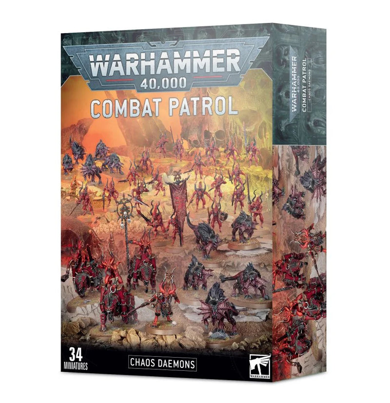 Warhammer 40k/Age of Sigmar: Combat Patrol: Daemons box set, featuring an illustration of Bloodletters and other red, monstrous miniatures in a chaotic, fiery landscape. The box states it contains 34 miniatures.
