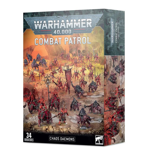 Warhammer 40k/Age of Sigmar: Combat Patrol: Daemons box set, featuring an illustration of Bloodletters and other red, monstrous miniatures in a chaotic, fiery landscape. The box states it contains 34 miniatures.