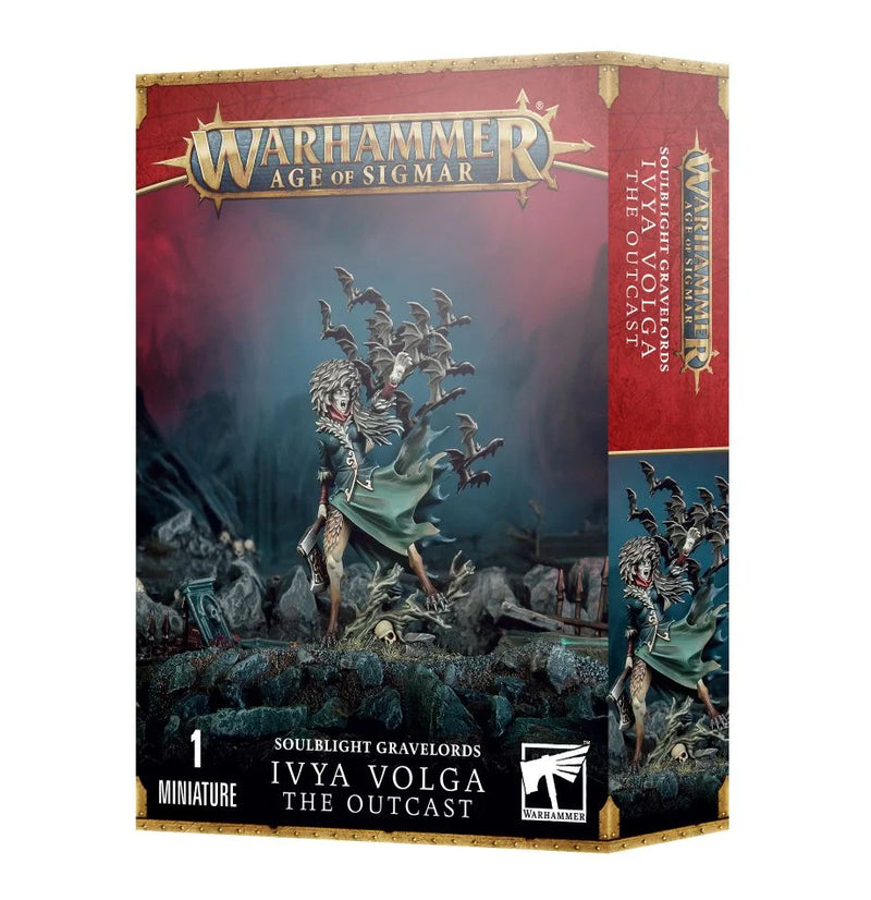 Warhammer Age of Sigmar: Soulblight Gravelords - Ivya Volga The Outcast includes a miniature of Ivya Volga with wolves, plus a Citadel 32mm Round Base.