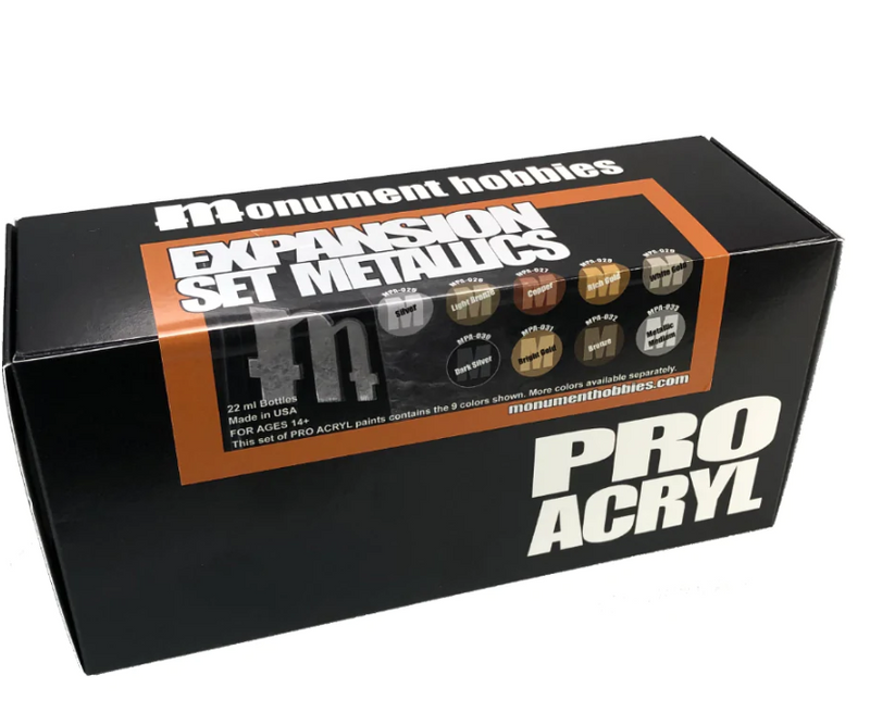 A black box labeled Monument Hobbies Pro Acryl Paint: Metallic Set – 9 Colors features images of nine metallic paint bottles, ideal for hobby paint supplies.
