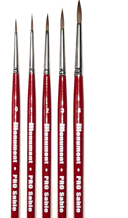 The Monument Hobbies Pro Sable Paint Brush: Set of 5 features five red-handled brushes in different sizes lined up on a white background.