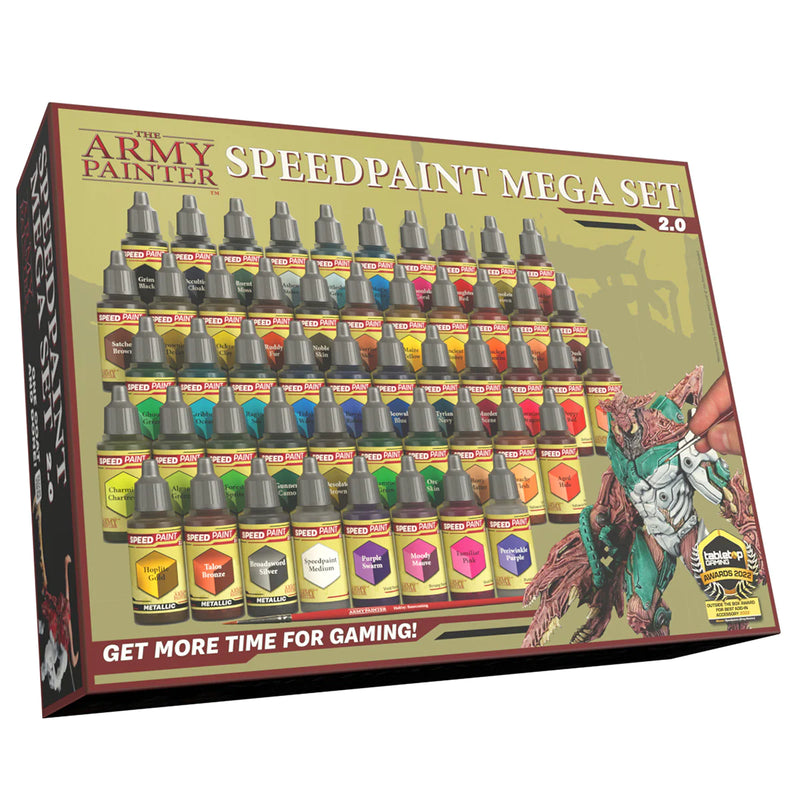 Box of the Army Painter: Speedpaint 2.0 Mega Set with 50 vibrant paints for miniatures, neatly arranged on the packaging and artwork of a painted miniature shown on the right side.