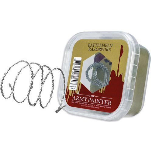 The Army Painter: Battlefield Razorwire (4m) features coiled sci-fi razorwire, some extended outside its plastic container—perfect for detailing any wargaming base.