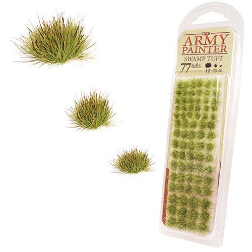A plastic pack labeled Army Painter: Swamp Tuft contains 77 small, green tufts of model grass. Three tufts are shown outside the pack.