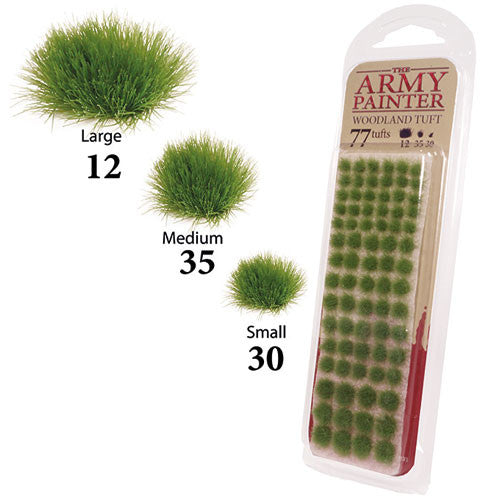 Army Painter: Woodland Tuft includes 77 green tufts in three sizes—12 Large, 35 Medium, and 30 Small—ideal for creating deep forest effects on miniature bases.