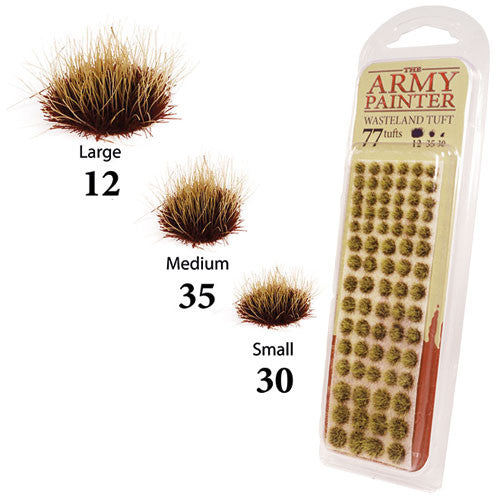 Army Painter: Wasteland Tuft includes 77 tufts for miniatures—12 large, 35 medium, and 30 small—in clear packaging. Ideal for adding harsh or evil effects to your miniature bases.