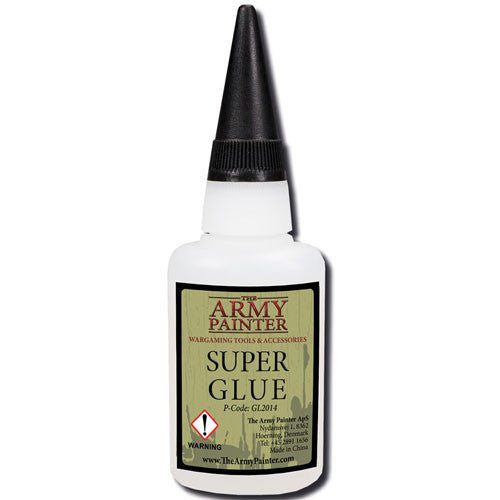 A 24ml white plastic bottle of Army Painter: Miniature Super Glue with black precision tip, yellow "Super Glue" label, and warning symbol.