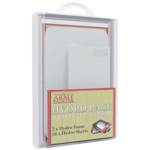 A clear plastic package contains the Army Painter: Wet Palette Hydro Pack, with hydro foams and 50 hydro sheets, as shown on the label.