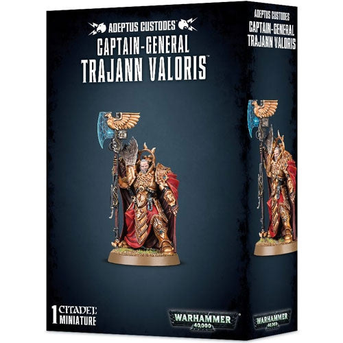 Product image of Warhammer 40k Adeptus Custodes Captain-General Trajann Valoris miniature, showing the box art with the character assembled and painted on the front.